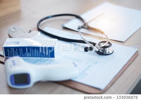 Covid thermometer, doctor data and hospital survey with stethoscope and no people in clinic. Healthcare, wellness and medical paperwork and contract for corona security and health care support Covid thermometer, doctor data and hospital survey with stethoscope and no people in clinic. Healthcare, wellness and medical paperwork and contract for corona security and health care support 133036878