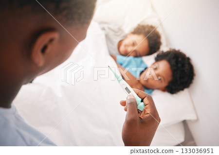 Black family, father and sick kids with thermometer for checking temperature, fever or illness at home in bed. Hand of African American dad taking children temp in bedroom for healthcare diagnosis Black family, father and sick kids with thermometer for checking temperature, fever or illness at home in bed. Hand of African American dad taking children temp in bedroom for healthcare diagnosis 133036951