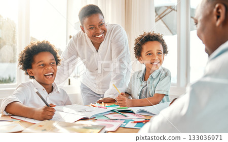 Homework, education and school with a black family learning together in their home for child development. Kids, writing or books with children and parents in their house to study for growth 133036971