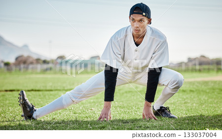 Baseball, man and stretching on field, fitness and training for match, wellness and healthy lifestyle. Male athlete, player and guy stretch, exercise and practice for competition, park and balance Baseball, man and stretching on field, fitness and training for match, wellness and healthy lifestyle. Male athlete, player and guy stretch, exercise and practice for competition, park and balance 133037004
