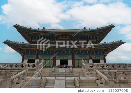 Majestic Gyeongbokgung Geunjeongjeon Hall, Historic Throne Hall of Korean Royal Palace Featuring Traditional Architecture and Ornate Roof Detailing Majestic Gyeongbokgung Geunjeongjeon Hall, Historic Throne Hall of Korean Royal Palace Featuring Traditional Architecture and Ornate Roof Detailing 133037008