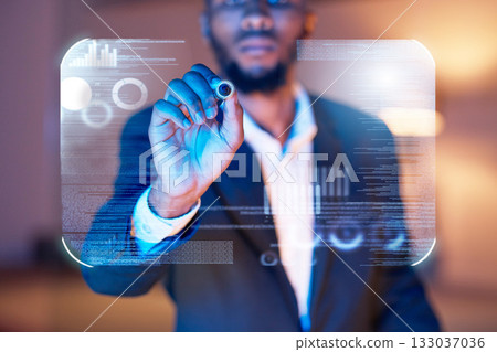 Hologram, digital and touchscreen with hands of man for 3d interface, networking and cloud computing. Future, database and ui software with employee and overlay for technology, internet and graphic Hologram, digital and touchscreen with hands of man for 3d interface, networking and cloud computing. Future, database and ui software with employee and overlay for technology, internet and graphic 133037036