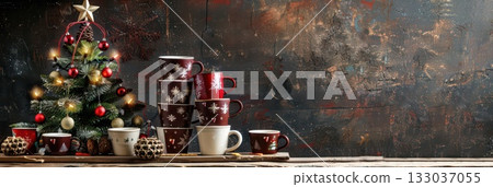 Cozy new year celebration with festive cups and decorated christmas tree. Happy New Year. Horizontal banner. Copy space. For cafe, bar, coffee shop Cozy new year celebration with festive cups and decorated christmas tree. Happy New Year. Horizontal banner. Copy space. For cafe, bar, coffee shop 133037055