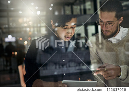 Dark business, people and teamwork on tablet for planning, research and collaboration in night office. Diversity men, digital technology and working late online in agency, evening strategy or web app 133037056