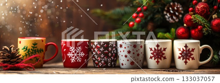 Festive new year celebration with holiday decorated mugs and pine cones. Happy New Year. Horizontal banner. Copy space. For cafe, bar, coffee shop 133037057