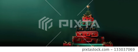 Creative Christmas tree made of colorful vintage suitcase stack for holiday decor inspiration. Happy New Year. Horizontal banner. Copy space. Travel, vacation concept Creative Christmas tree made of colorful vintage suitcase stack for holiday decor inspiration. Happy New Year. Horizontal banner. Copy space. Travel, vacation concept 133037069