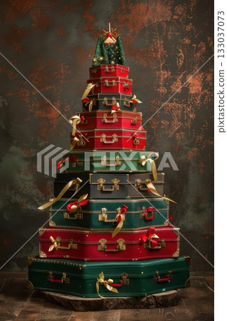 Creative Christmas tree with stacked gift boxes and festive decorations. Happy New Year. Vertical banner. Copy space. Travel, vacation concept. Vintage postcard 133037073