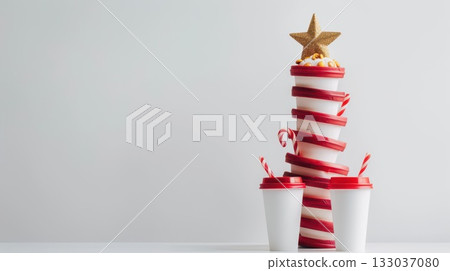 Creative Christmas tree made of stacked cups with candy canes and star topper for festive decor. Happy New Year. Horizontal banner. Copy space. For cafe, bar, coffee shop Creative Christmas tree made of stacked cups with candy canes and star topper for festive decor. Happy New Year. Horizontal banner. Copy space. For cafe, bar, coffee shop 133037080