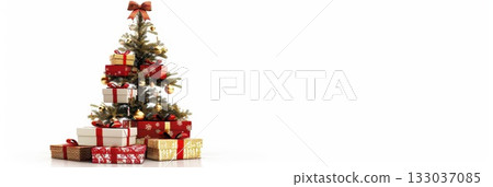 Festive Christmas tree with red and gold wrapped gifts and ornaments for holiday decor. Happy New Year. Horizontal banner. Copy space. Template, mockup for store, shop. White background Festive Christmas tree with red and gold wrapped gifts and ornaments for holiday decor. Happy New Year. Horizontal banner. Copy space. Template, mockup for store, shop. White background 133037085