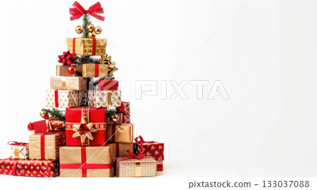 Festive Christmas tree with gifts and decorations for holiday celebration. Happy New Year. Horizontal banner. Copy space. Template, mockup for store, shop. White background Festive Christmas tree with gifts and decorations for holiday celebration. Happy New Year. Horizontal banner. Copy space. Template, mockup for store, shop. White background 133037088
