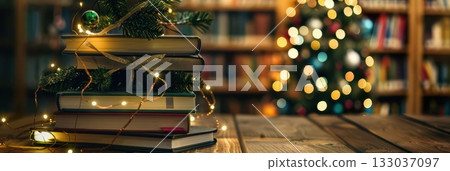Cozy Christmas ambiance with books and festive tree in library setting. Happy New Year. Horizontal banner. Copy space. World book day. Back to school Cozy Christmas ambiance with books and festive tree in library setting. Happy New Year. Horizontal banner. Copy space. World book day. Back to school 133037097