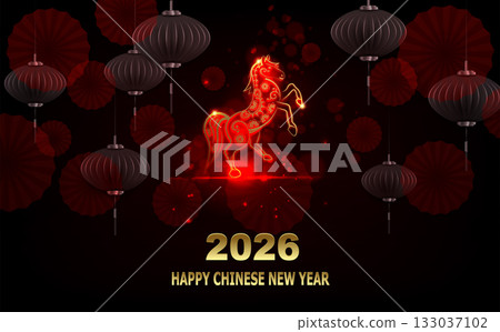 Happy Chinese New Year 2026. Card with the Fire Horse zodiac sign Happy Chinese New Year 2026. Card with the Fire Horse zodiac sign 133037102