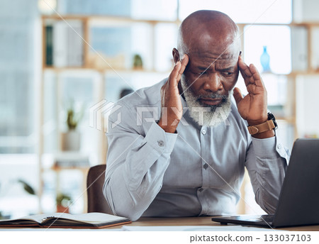 Black man, laptop or stress headache in office with financial loss, company investment fail or corporate bankruptcy crisis. Anxiety, worry or mistake for businessman, ceo or mature boss on technology 133037103