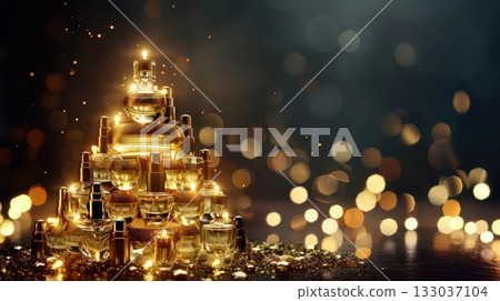 Luxe holiday ambiance with gold ornaments and perfume bottles for festive decor or greeting card design. Happy New Year. Horizontal banner. Copy space. For perfumery, cosmetic shop 133037104