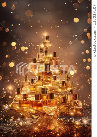 Elegant Christmas tree sparkling with perfume bottles for festive decor. Happy New Year. Vertical banner. Copy space. For perfumery, cosmetic shop. Merry Christmas 133037107