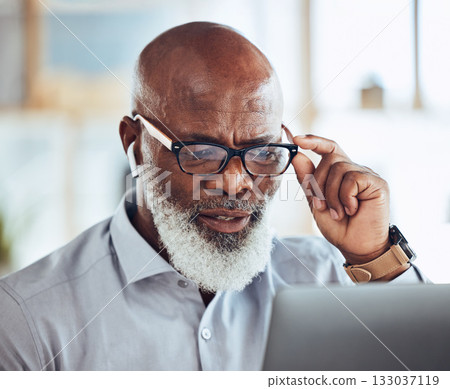 Confused black man, glasses or reading laptop in corporate office of finance budget crisis, taxes audit problem or financial loss. Mature CEO, doubt or businessman with technology or investment fail 133037119