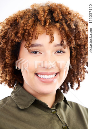 Portrait of black woman with smile on face, headshot isolated on white background and happy creative startup design agency. Small business entrepreneur, studio and afro, smiling employee in office. 133037120