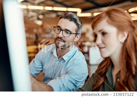 Businessman, computer and coach in collaboration for ideas, team strategy or planning at the office. Man mentor coaching woman and training staff on technology in teamwork for solution at workplace Businessman, computer and coach in collaboration for ideas, team strategy or planning at the office. Man mentor coaching woman and training staff on technology in teamwork for solution at workplace 133037122