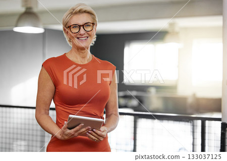 Portrait, tablet and smile of business woman in office with pride for career and job. Ceo, boss and happy face of elderly female entrepreneur or professional from Canada in company with technology. Portrait, tablet and smile of business woman in office with pride for career and job. Ceo, boss and happy face of elderly female entrepreneur or professional from Canada in company with technology. 133037125