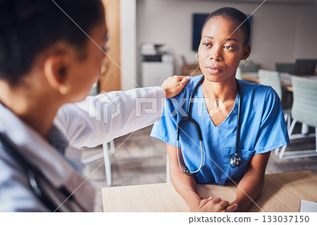 Doctor with nurse or healthcare team stress, anxiety or depression support, help and manager advice. Young internship person or medical student depressed for fail, risk and woman empathy and talking Doctor with nurse or healthcare team stress, anxiety or depression support, help and manager advice. Young internship person or medical student depressed for fail, risk and woman empathy and talking 133037150