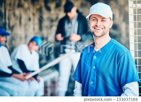 Baseball player, portrait and field stadium dugout with softball team ready for ball game. Training, exercise and motivation of a young athlete from Los Angeles with a smile for fitness health 133037169