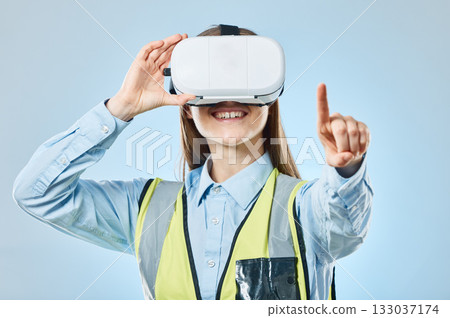 Business, virtual reality glasses and woman pointing, success and girl against blue studio background. Vr, female employee and manager with futuristic technology, digital planning and online system Business, virtual reality glasses and woman pointing, success and girl against blue studio background. Vr, female employee and manager with futuristic technology, digital planning and online system 133037174