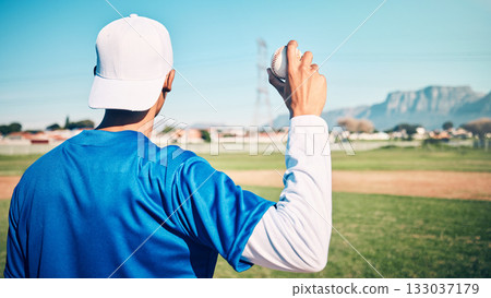 Sports athlete, baseball field or man with ball for competition, practice match or pitcher training workout. Softball, grass pitch or back view of player doing fitness, exercise or pitching challenge 133037179