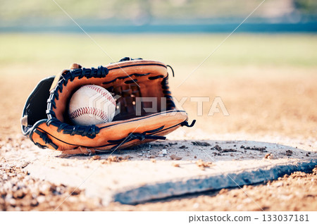 Sports, baseball and ball in glove on field ready for game, practice and competition outdoors. Fitness mockup, sport copy space and softball equipment on ground for exercise, training and workout Sports, baseball and ball in glove on field ready for game, practice and competition outdoors. Fitness mockup, sport copy space and softball equipment on ground for exercise, training and workout 133037181