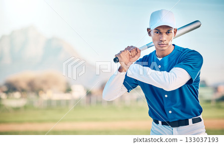 Portrait, baseball and mockup with a sports black man outdoor on a field standing ready to play a competitive game. Fitness, exercise and training with a serious male athlete outside in a stadium 133037193