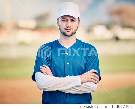 Sports, baseball and portrait of man on field ready for game, practice and competition with confident mindset. Fitness, wellness and male athlete outdoors for exercise, training and workout for match 133037196