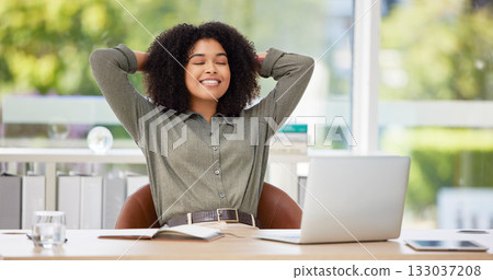 Black woman in business, relax in office and stress relief, content and peace with career satisfaction and job well done. Laptop, break and smile with positive mindset and corporate female at desk 133037208