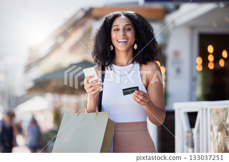 Credit card, shopping and portrait of woman with phone for ecommerce, information or subscription. Online payment, banking or membership for girl retail customer at a mall while checking credit score 133037251