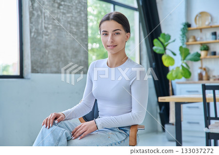 Portrait of beautiful stylish young teenage girl posing at home Portrait of beautiful stylish young teenage girl posing at home 133037272