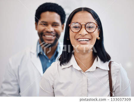 Doctor, optometry and portrait of optometrist and client with glasses, vision and eyesight after consultation. Woman, black man and healthcare professional with patient for spectacle or eyewear Doctor, optometry and portrait of optometrist and client with glasses, vision and eyesight after consultation. Woman, black man and healthcare professional with patient for spectacle or eyewear 133037309
