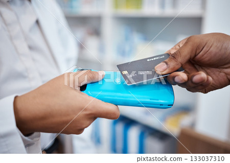 Credit card, hands and payment tap machine for retail, healthcare and people in pharmacy drug store. Money, technology and shopping for prescription medicine, health insurance and customer buying Credit card, hands and payment tap machine for retail, healthcare and people in pharmacy drug store. Money, technology and shopping for prescription medicine, health insurance and customer buying 133037310