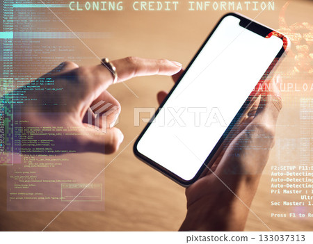Woman, hands or phone screen of hacking information, phishing mockup or abstract coding overlay in night office. Zoom, programmer or developer on mobile technology, virus software or 3d fintech risk 133037313