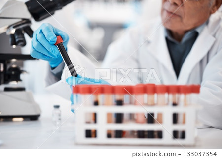 Blood, science and scientist in laboratory with test tube sample for research, medical study and investigation. Healthcare, pharmaceutical and man with vial for dna testing, biology and rna analysis 133037354