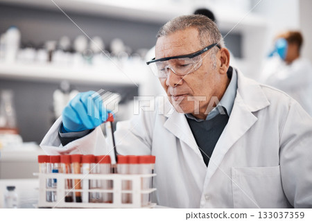 Blood, science and scientist in laboratory with sample for research, medical study and forensic investigation. Healthcare, pharmaceutical and senior man with vial for dna test, exam and rna analysis Blood, science and scientist in laboratory with sample for research, medical study and forensic investigation. Healthcare, pharmaceutical and senior man with vial for dna test, exam and rna analysis 133037359