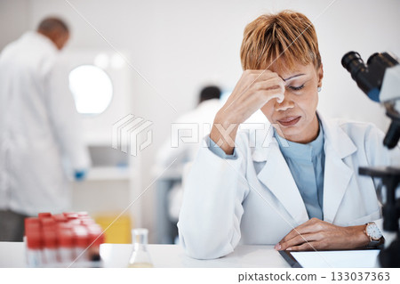 Scientist with headache, stress and fatigue with woman, overworked with overtime for science breakthrough. Medical research, scientific innovation and senior female, burnout and migraine in lab Scientist with headache, stress and fatigue with woman, overworked with overtime for science breakthrough. Medical research, scientific innovation and senior female, burnout and migraine in lab 133037363