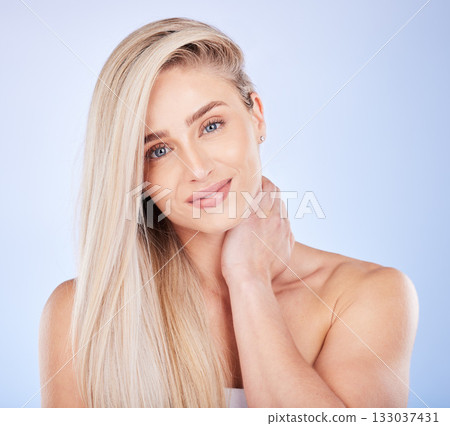 Hair care, portrait face and beauty of woman in studio isolated on a background. Cosmetics, keratin and happy young female model with salon treatment for long hairstyle, blonde balayage and growth. Hair care, portrait face and beauty of woman in studio isolated on a background. Cosmetics, keratin and happy young female model with salon treatment for long hairstyle, blonde balayage and growth. 133037431