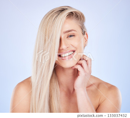 Portrait, hair care and face beauty of woman in studio isolated on a background. Cosmetics, keratin and happy young female model with salon treatment for long hairstyle, blonde balayage and growth. 133037432