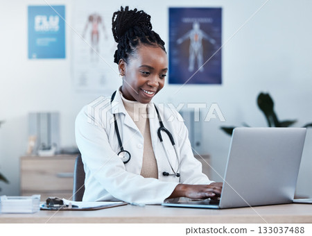 Laptop, medical research and doctor typing medicine report, healthcare study or review digital archive database. Reading online info, hospital clinic and black woman doing analysis of health results 133037488
