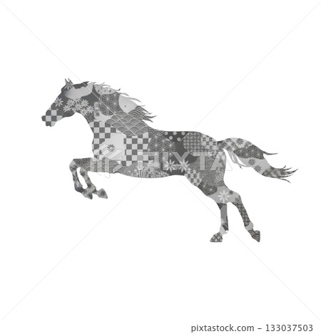 精美的銀色日式駿馬圖案，優雅時尚，是製作新年賀卡的理想選擇。 133037503