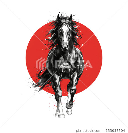 Sumi-e style black horse + red circle 133037504