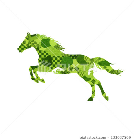 清新翠綠的日式圖案，駿馬躍動。靈感源自於大自然與生長的新年賀卡插畫。 133037509