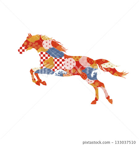 A gorgeous Japanese horse pattern in red, blue, and gold - a New Year's design that combines tradition and modernity A gorgeous Japanese horse pattern in red, blue, and gold - a New Year's design that combines tradition and modernity 133037510