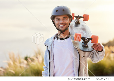 Smile, longboard and portrait of man with skateboarding hobby, skill and balance on road. Freedom, urban fun and face of happy gen z skateboarder, cool guy holding skateboard with happiness and sport Smile, longboard and portrait of man with skateboarding hobby, skill and balance on road. Freedom, urban fun and face of happy gen z skateboarder, cool guy holding skateboard with happiness and sport 133037548