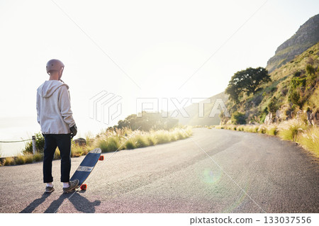 Skateboard, mountain and man in road for sports competition, training and exercise in urban city. Skating mockup, thinking and male skater standing in street for challenge, adventure and freedom 133037556