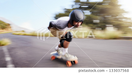 Skateboard, fast and mountain with man in road for speed, freedom and summer break. Sports, adventure and motion blur with guy skating in urban street for training, gen z and balance in nature Skateboard, fast and mountain with man in road for speed, freedom and summer break. Sports, adventure and motion blur with guy skating in urban street for training, gen z and balance in nature 133037568