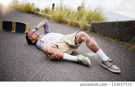 Accident, fall and knee injury with a skater man on the ground, lying down in pain after falling down. Sports, training and anatomy with a young male suffering a skateboard emergency outdoor Accident, fall and knee injury with a skater man on the ground, lying down in pain after falling down. Sports, training and anatomy with a young male suffering a skateboard emergency outdoor 133037572